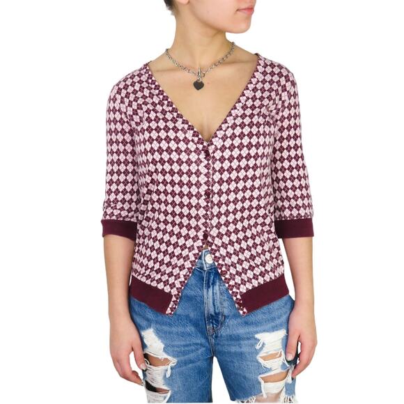 Old Navy Y2k Vintage Argyle Plaid Purple Cardigan Sweater XS Cute Coquette Retro - Picture 3 of 7